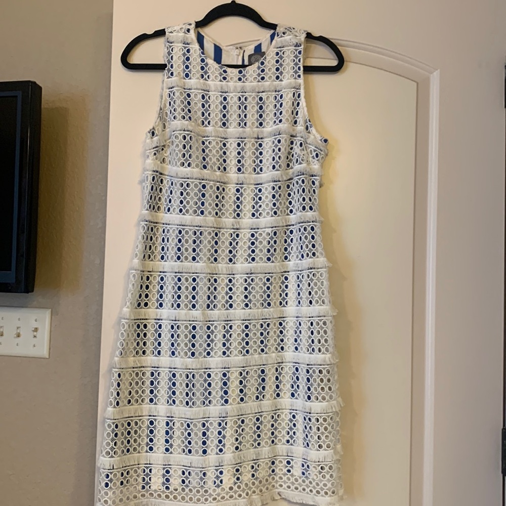 Blue and white lace Vince Camaro dress.. with lace cut out detail.